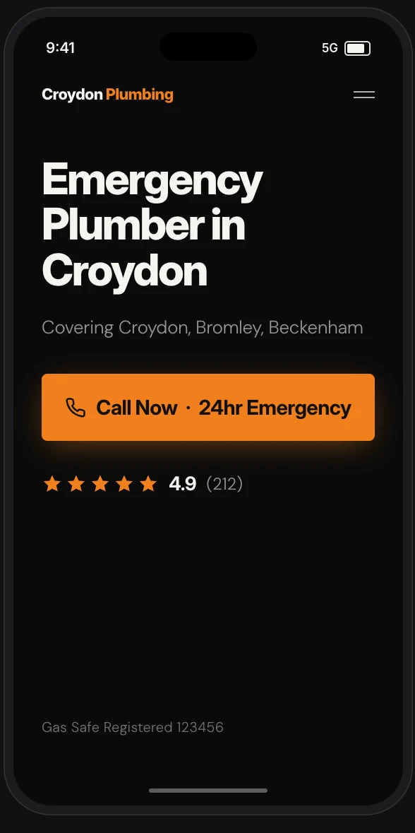 A plumber&rsquo;s mobile homepage showing the headline Emergency Plumber in Croydon, a service area line reading Covering Croydon, Bromley, Beckenham, an orange Call Now 24hr Emergency button, review stars reading 4.9 from 212 reviews, and Gas Safe Registered 123456